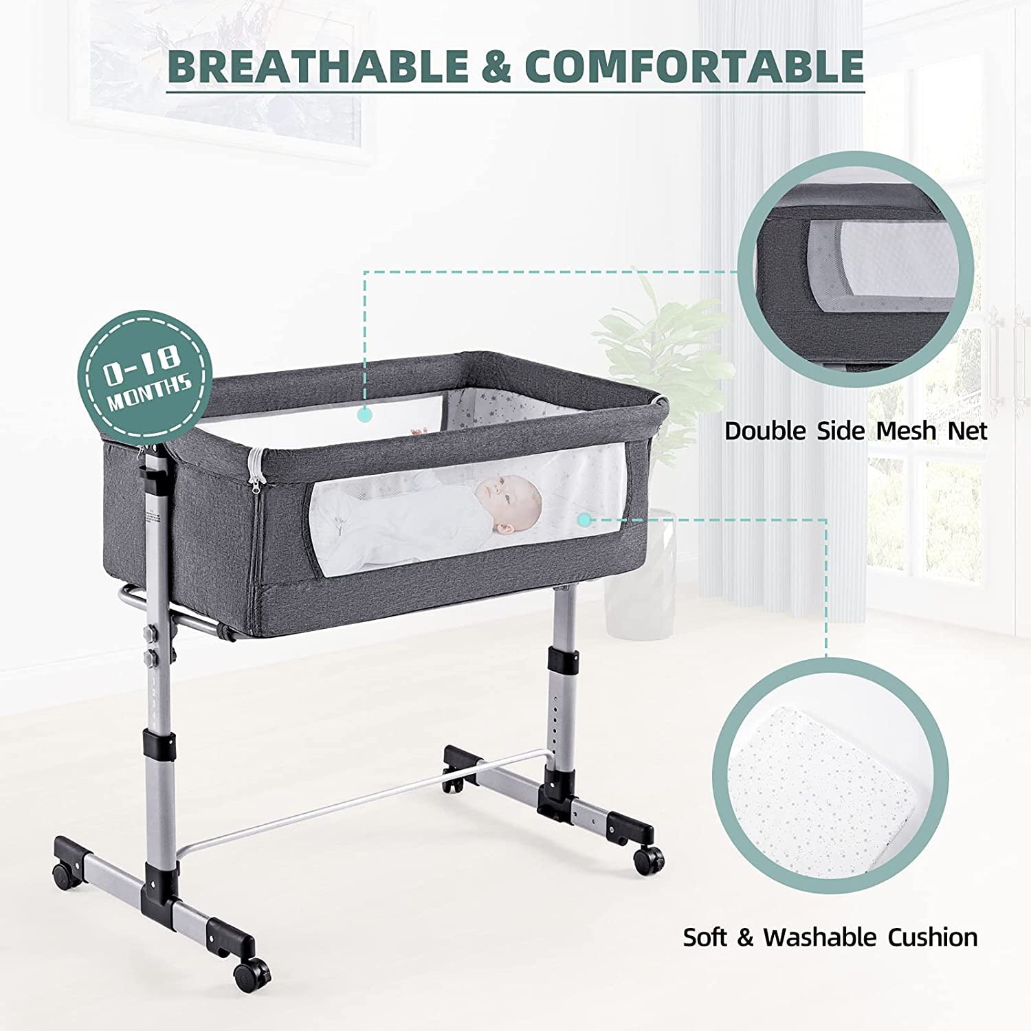 Newlake 3-in-1 Height Adjustable Baby Bassinet & Bedside Sleeper for Newborns, Grey