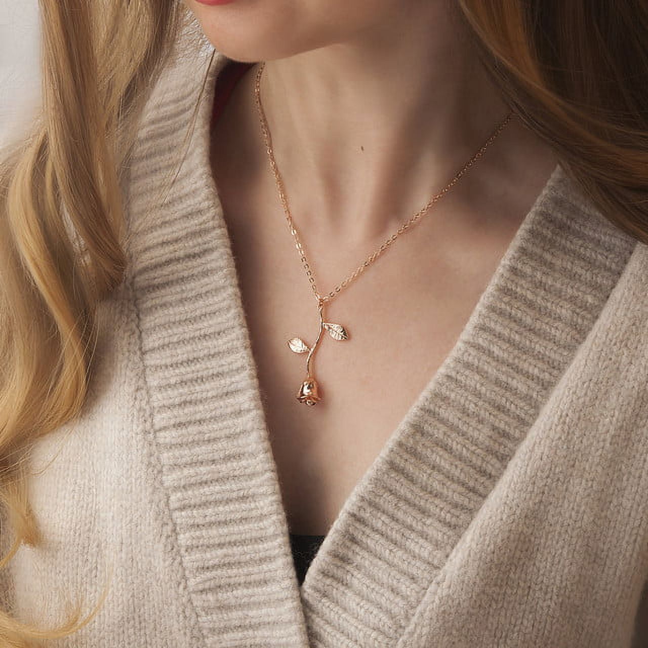Rose Gold Brass Rose Flower Necklace Pendant Jewelry Valentine's Day Gift Set for Her