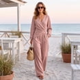 thumbnail image 5 of WULMLEO Linen Sets for Women 2 Piece Boho Wrap Cross V Neck Long Sleeve Top Wide Leg Pants Set Casual Loose Fit Outfits Fall Loungewear Suits with Pockets Pink 2XL, 5 of 8