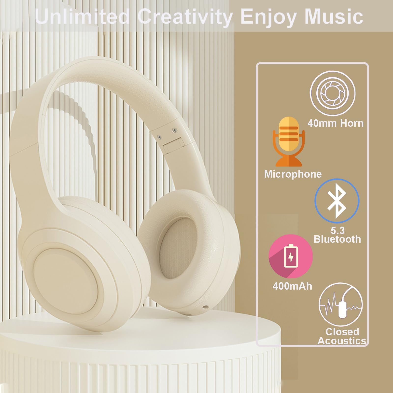 Wireless Bluetooth Headphones, Foldable Over-Ear Headset with Hi-Fi Stereo Sound, Built-in Mic for Gaming/Office/Online Class, Lightweight, 40-Hour Battery Life