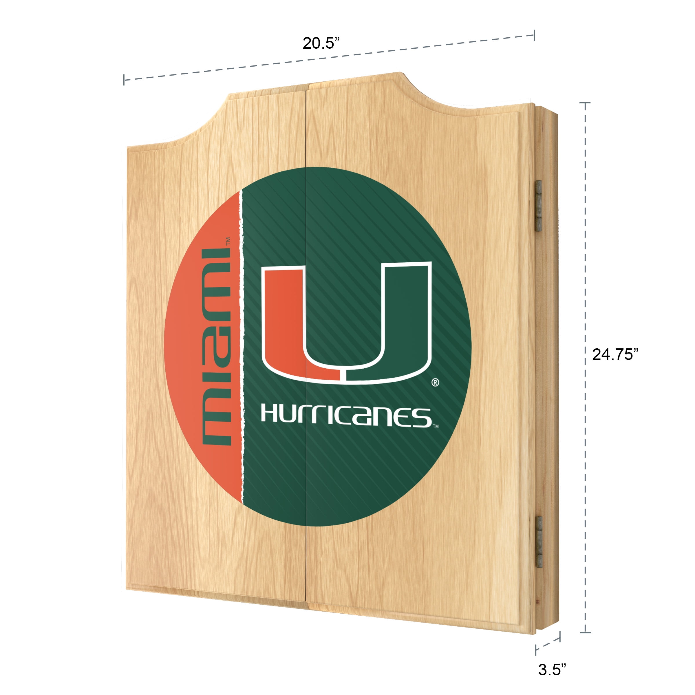 University of Miami Text Dart Board Cabinet Set with 6 Steel Tip Darts