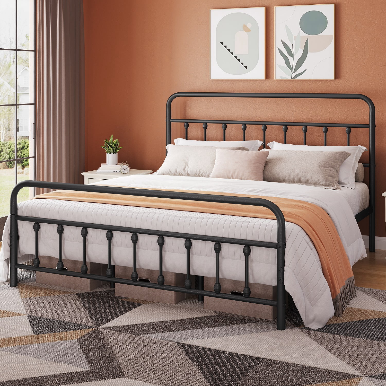 Alden Design Queen Size Classic Iron Platform Bed with High Headboard and Footboard, Black