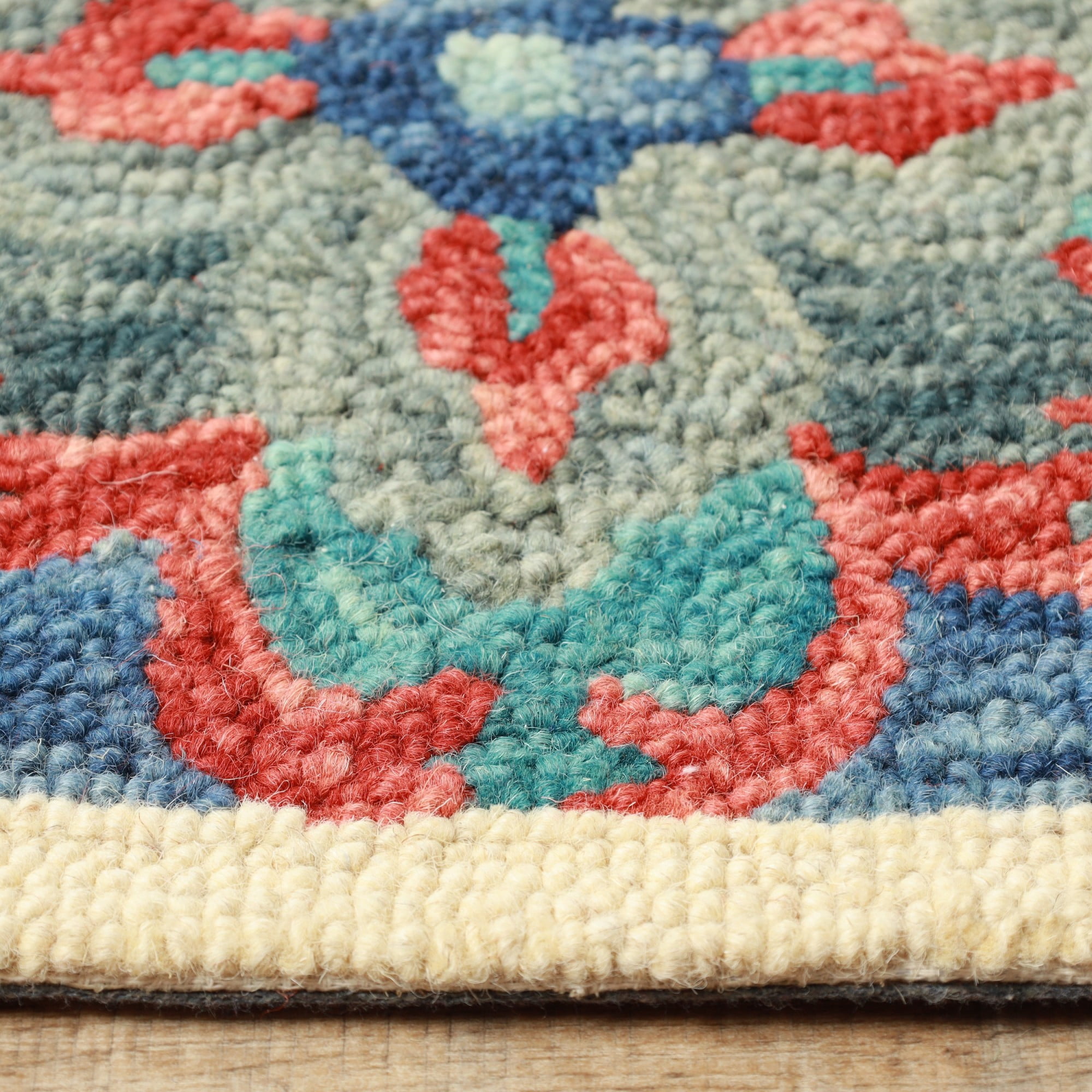 Geometric Floral Eclectic Modern Bohemian Handmade Wool Indoor Area Rug, Blue-Rust, 8' x 10'
