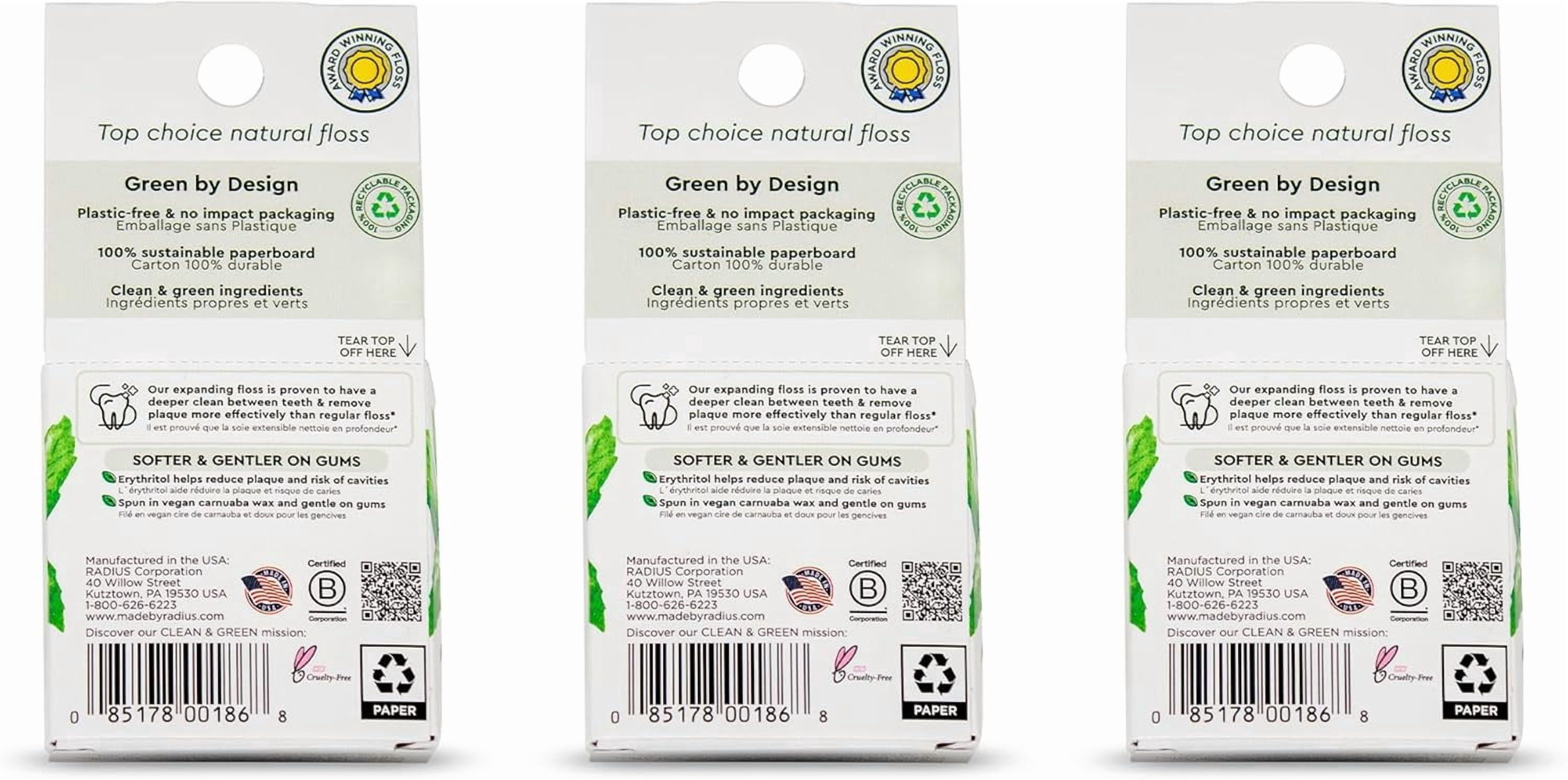 Dental Floss, Sponge Floss, Peppermint, 55 Yards, Vegan & Non-Toxic Oral Care Designed to Help Fight Plaque, Pack of 3