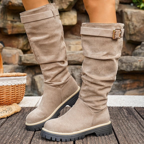 Wowcloth Women's Fashion Casual Winter Knee-High Boots – Solid Color Buckle Round-Toe Chunky Heel Mid-Calf Boots for Stylish Everyday Winter Footwear