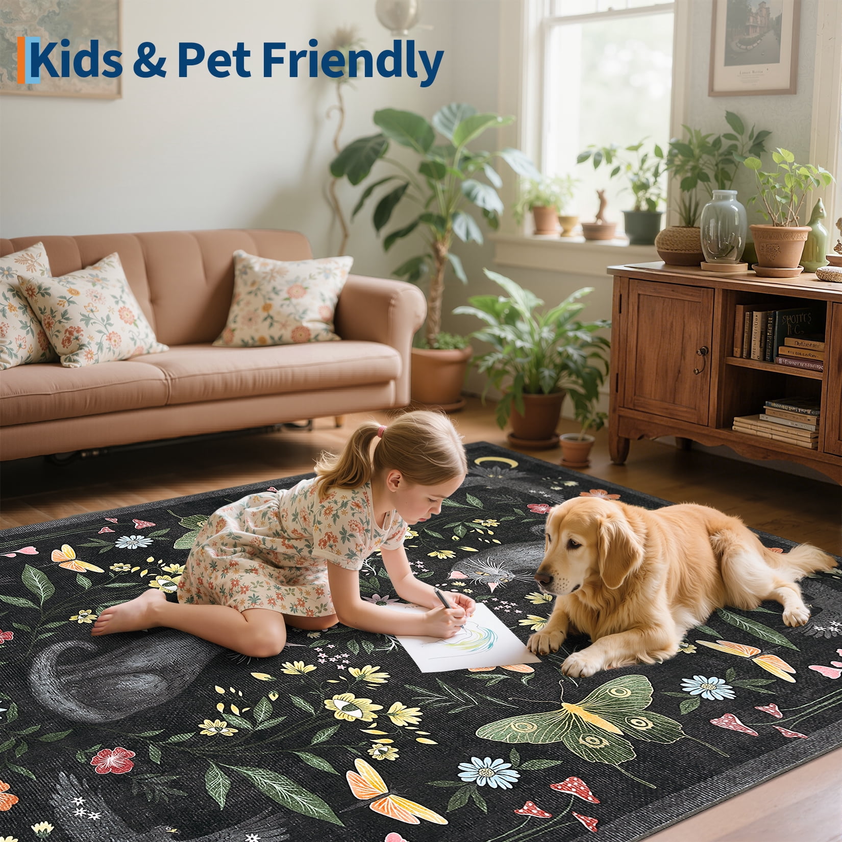 Garvee 5'x7' Boho Area Rug Cat Floral Pattern Carpet, Vintage Washable Rug Non-Slip Indoor Accent Carpet for Living Room Bedroom Home Office, Black
