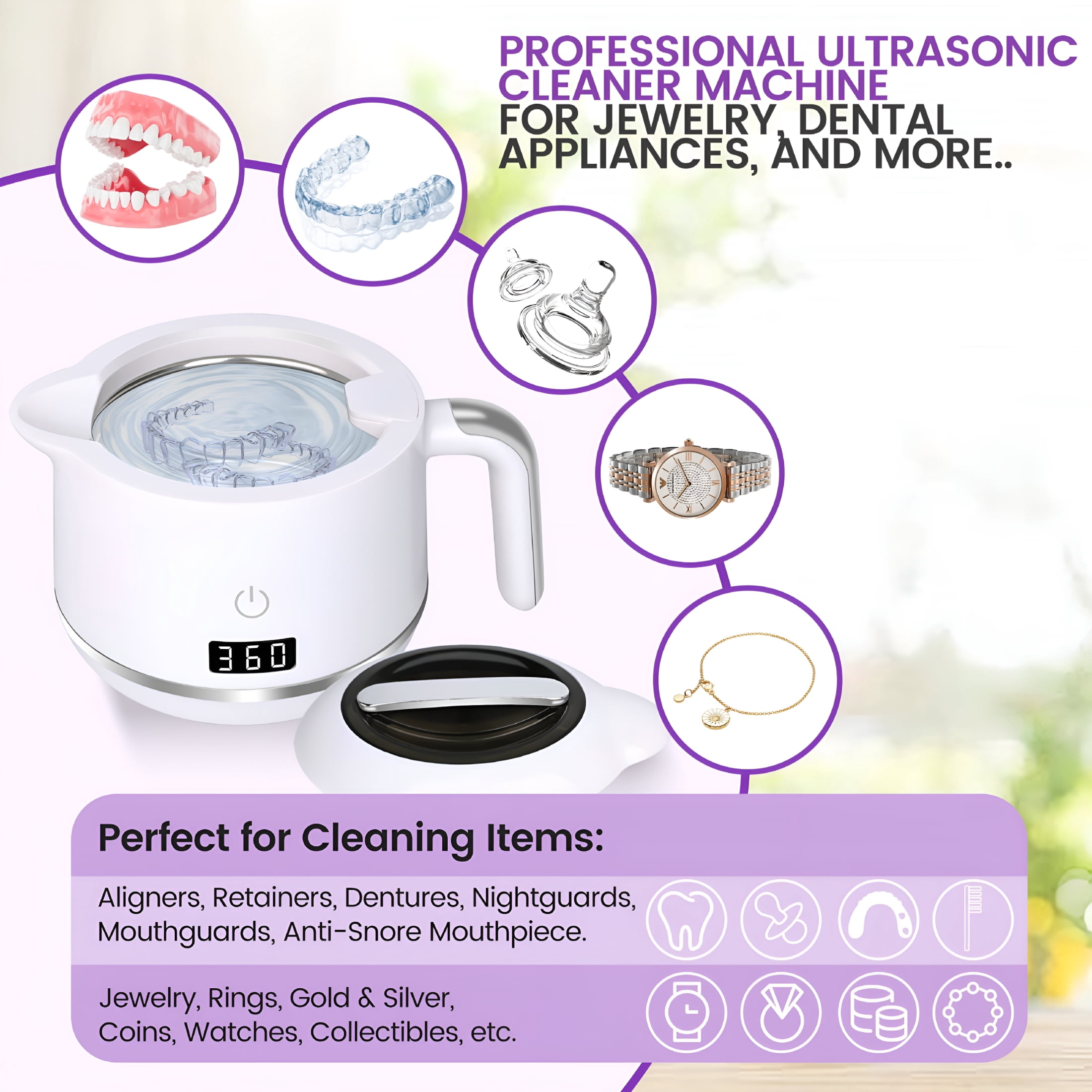 CURYMAY Ultrasonic Cleaner for Dentures,Retainers,Aligners,Portable Dental and Jewelry Cleaner with Ultrasonic