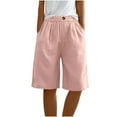 thumbnail image 4 of vdgthytj Cotton Linen Dressy Bermuda Shorts Women Plus Size Solid Elastic High Waist Knee Length Shorts with Pockets, 4 of 6