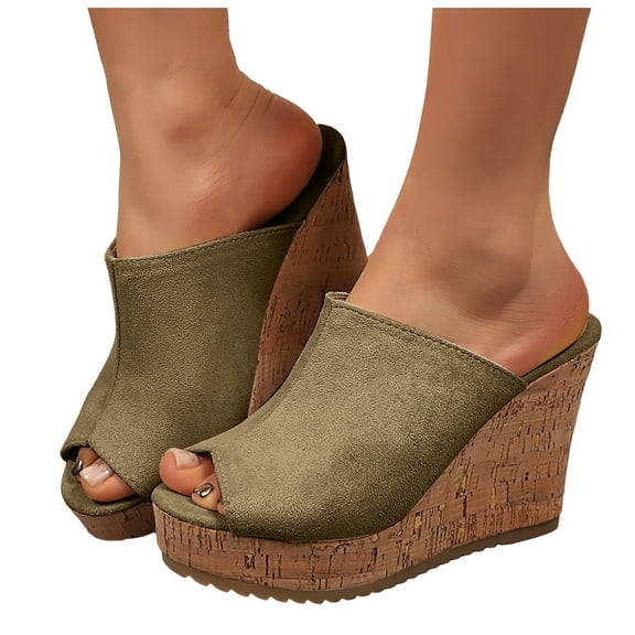 Rokment Peep Toe Platform Wedge Slides Sandals for Women Ladies Fashion Casual Suede Chunky High Heels Dress Slip on Cork Footbed Summer Shoes AG Size 6