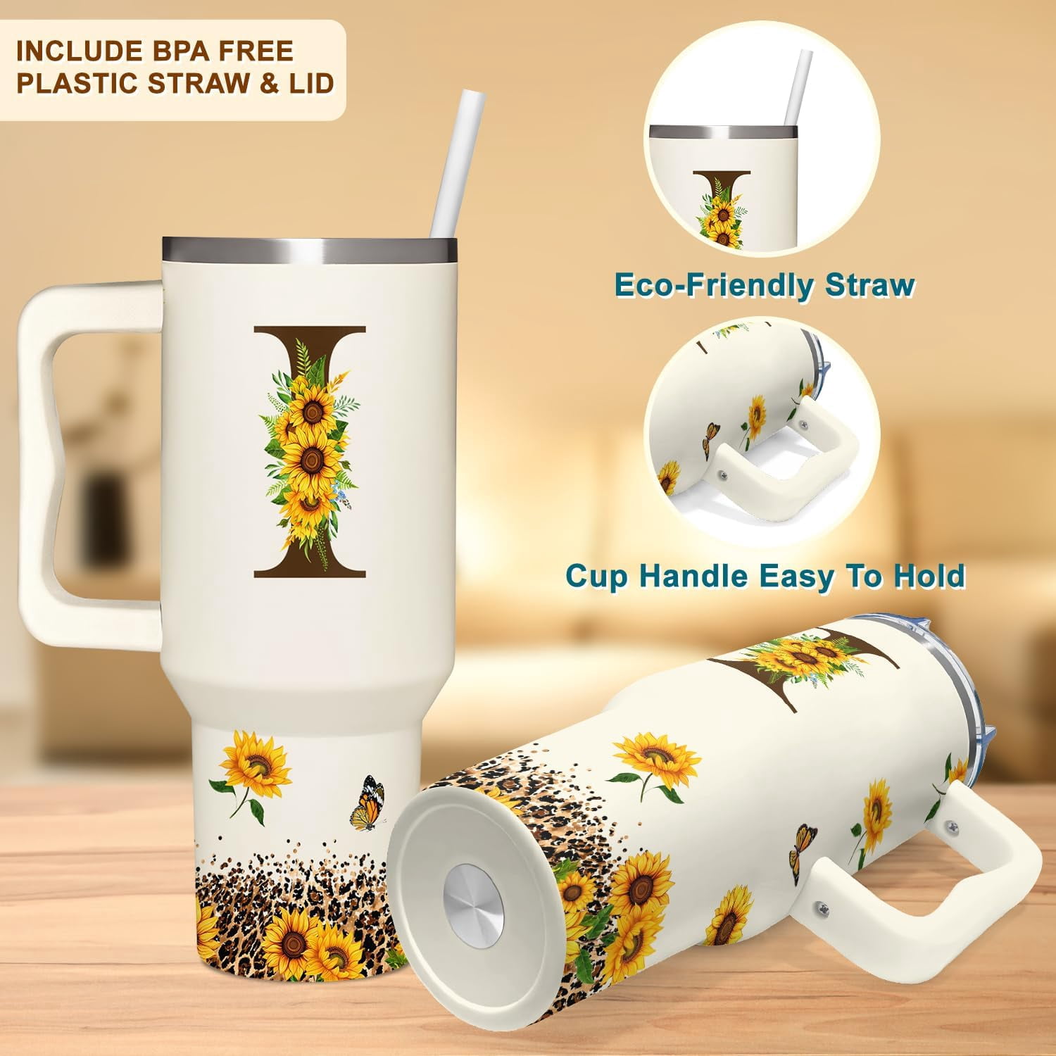 Personalized Birthday Gifts For Women - Sunflowers Monogrammed Cup For Boss Day, Christmas - Customized Gifts For Women, Mom, Wife, Coworkers, Boss Lady, Her - Custom Tumbler With Handle 40oz