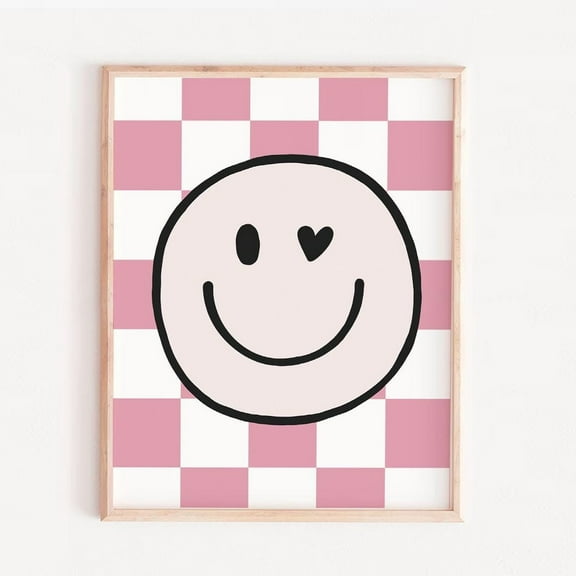 Smiley Face Girls Wall Art, Checkered Retro Girls Wall Art, Pink Bedroom Art, Girl Bedroom Art, Nursery Art, Playroom Art, Happy S Wall Art, Modern Wall Decor, 8x12 UNFRAMED