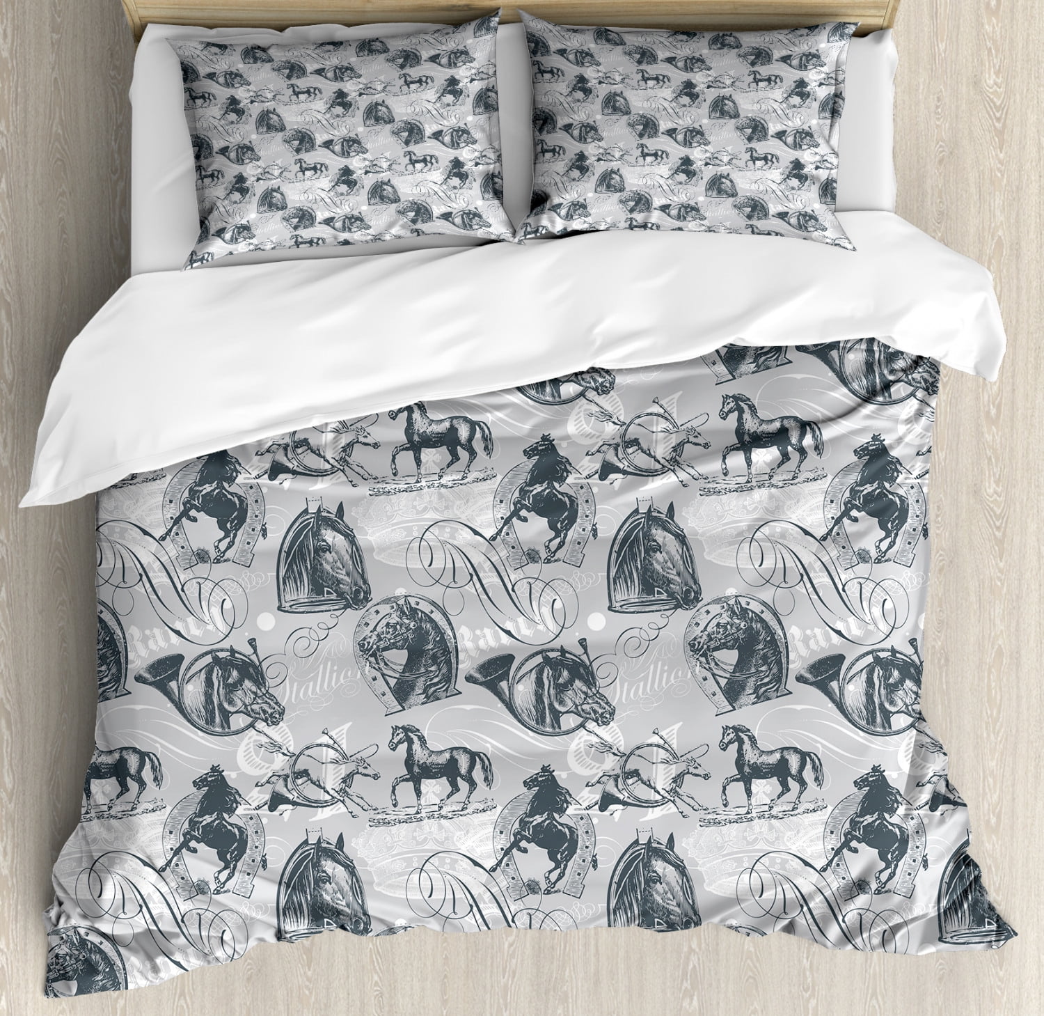 Horses Queen Size Duvet Cover Set, Vintage Monochrome Sketch Stallion