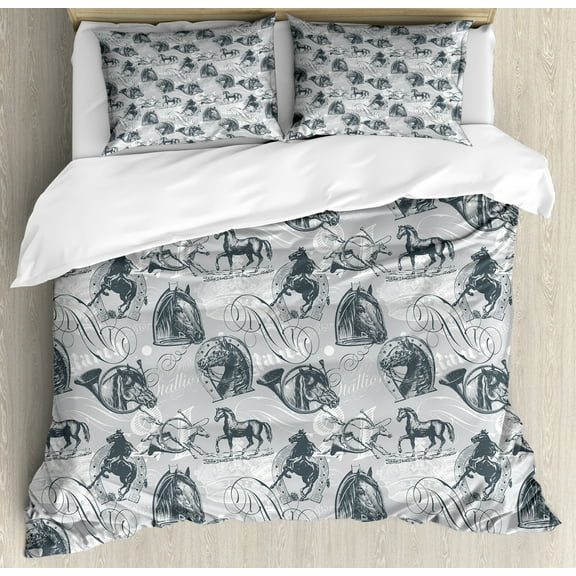 Horses Queen Size Duvet Cover Set, Vintage Monochrome Sketch Stallion Swirls Calligraphic Design Animal Theme, Decorative 3 Piece Bedding Set with 2 Pillow Shams, Pale Grey White Grey, by Ambesonne