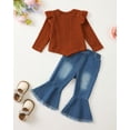 thumbnail image 3 of Kucnuzki 6 Months Newborn Baby Girls Outfits 12 Months Warm Clothing Sets Ruffle Long Sleeves Knit Top Solid Color Pullover Top Bowknots Flared Denim Pants Jeans 2pcs Pant Sets Brown, 3 of 9