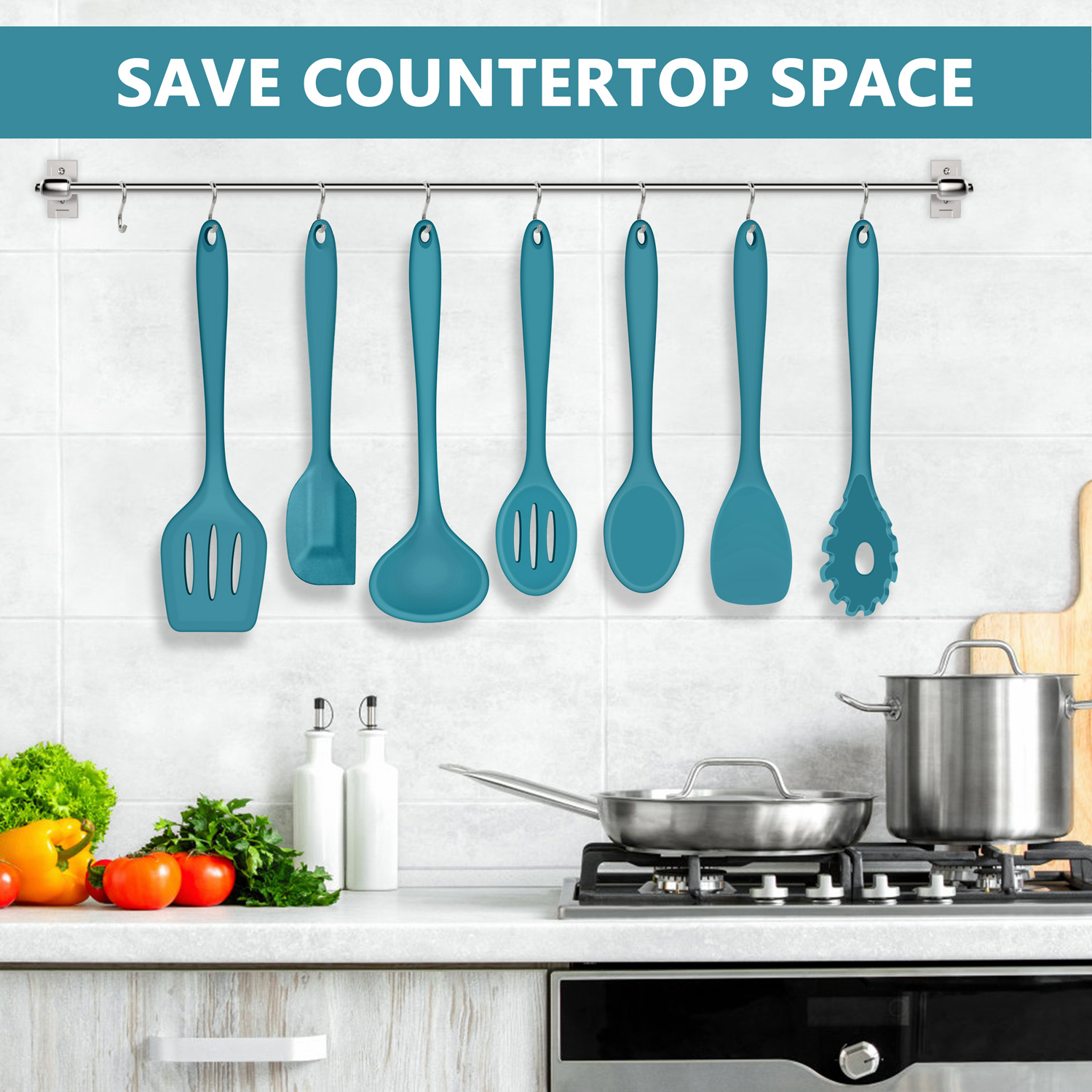 Walchoice 7-Piece Silicone Cooking Utensils Set, Blue photo 2
