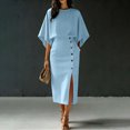 thumbnail image 3 of RFQWOVSR Women's Solid Color Elegant Round Neck Short Sleeve Top Midi Skirt 2 Piece Set Casual Office Summer Dress Outfit S, 3 of 6