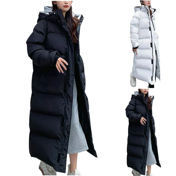Kmdttou Womens Winter Coats Puffer Jacket Womens Fashionable Casual Solid Color Long Sleeved Hooded Cotton
