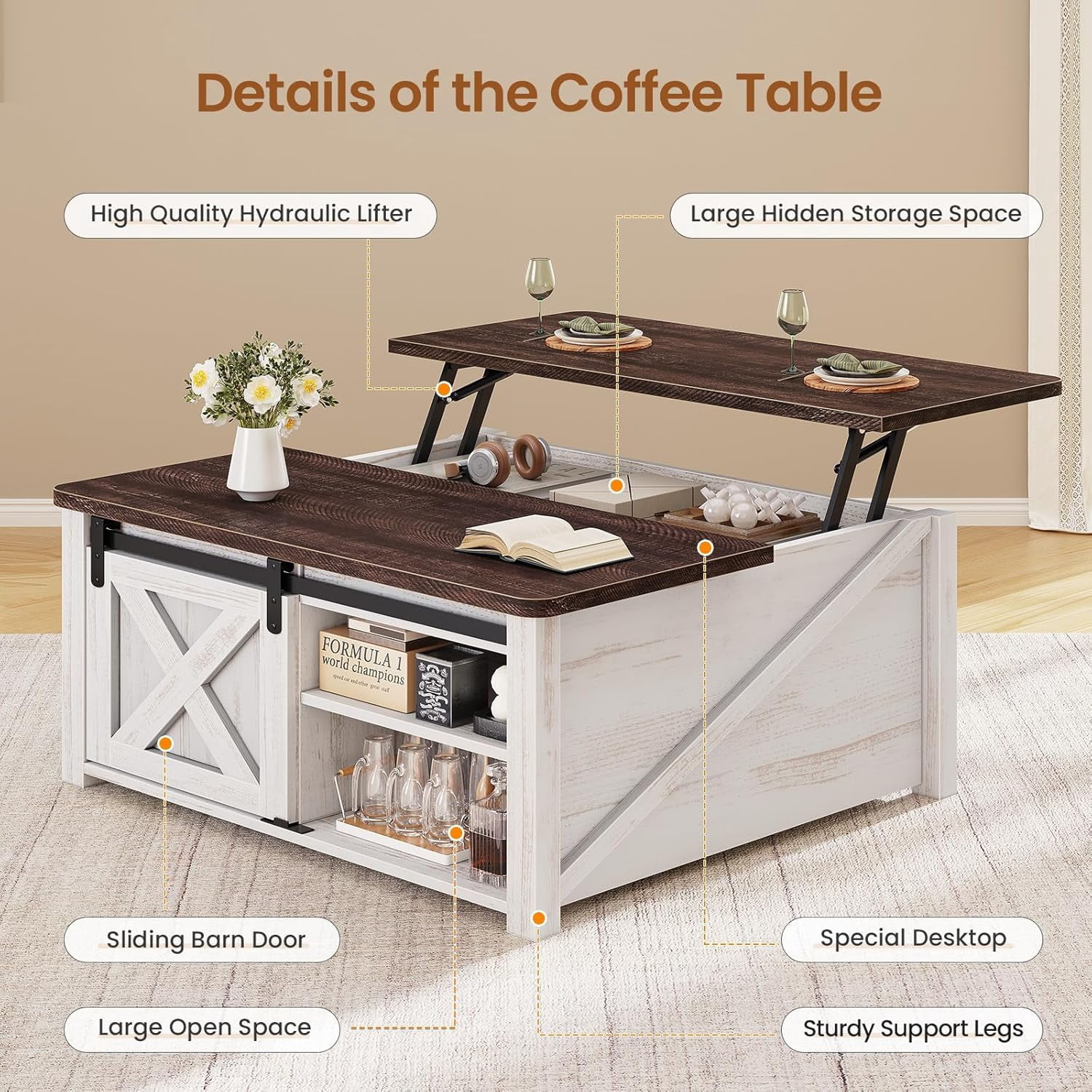 31.5" Square Lift Top Coffee Table, Farmhouse Coffee Table with Ample Storage, Wood Center Table with Sliding Doors and Large Hidden Space for Living Room Home Office, Vintage White