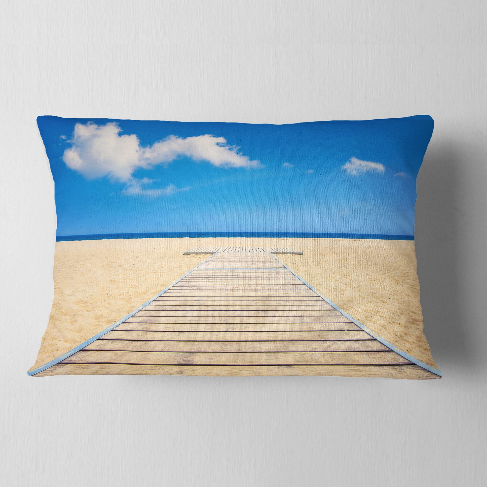 Designart Beach and Sea with Wooden Floor - Blue - Seashore Throw Pillow - 12x20