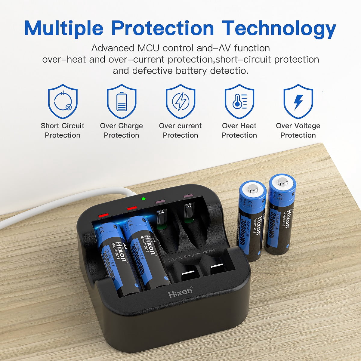 Hixon Rechargeable AA Batteries, 4-Pack 3500mWh 1.5V AA Rechargeable Lithium Batteries with 2H Fast Charger