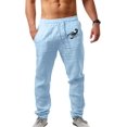 thumbnail image 2 of Pantalones casuales de lino para hombre, color liso, estampado de árbol, ligeros, sueltos, elásticos, con cordón, para verano, playa, yoga 080-azul claro 2XL 080-azul claro 2XL Xishao ropa, 2 of 2