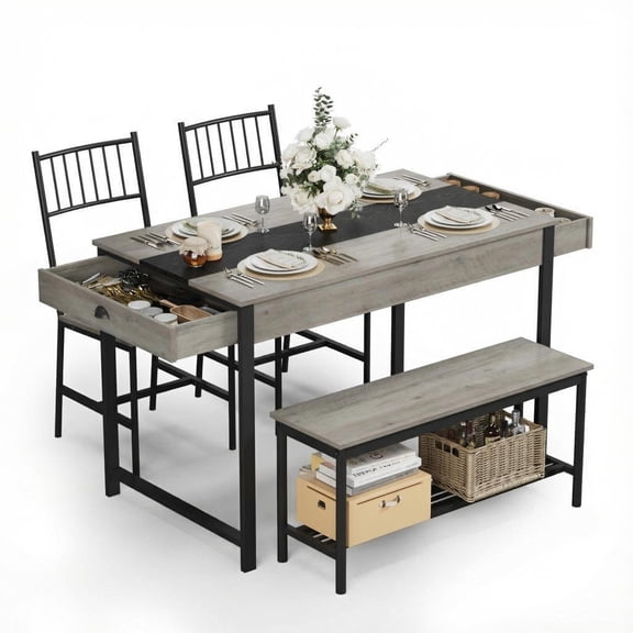 Space Saving Dining Set for 4 with Storage, Small Farmhouse Table, 2 Chairs & Bench, Rectangular Breakfast Nook Set with Drawers for Kitchen, Grey