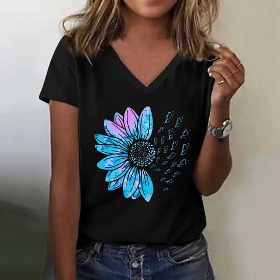 Womens T Shirts Women's Graphic Shirts Sunflower Pattern Print Crew Neck Short Sleeve Tees Loose Tshirts Cute Casual Teacher Outfits Tops for Women