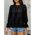 thumbnail image 5 of Women's Tie Front Peplum Blouses Puff Long Sleeve Babydoll Bow Shirts Hollow Out Eyelet Lace Tops, 5 of 7