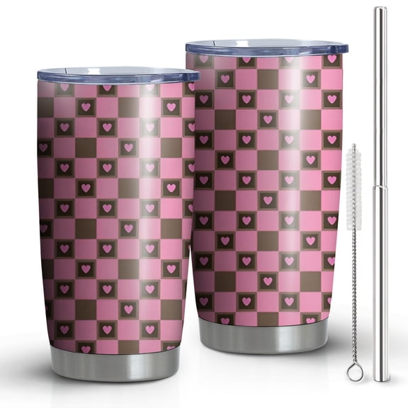 20oz Tumblers Pink Brown Heart Checkered Pattern Stainless Steel Vacuum Insulated Double Wall Travel Tumbler Cups Mug with Lid and Straw,Cleaning Brush for Cold & Hot Drinks