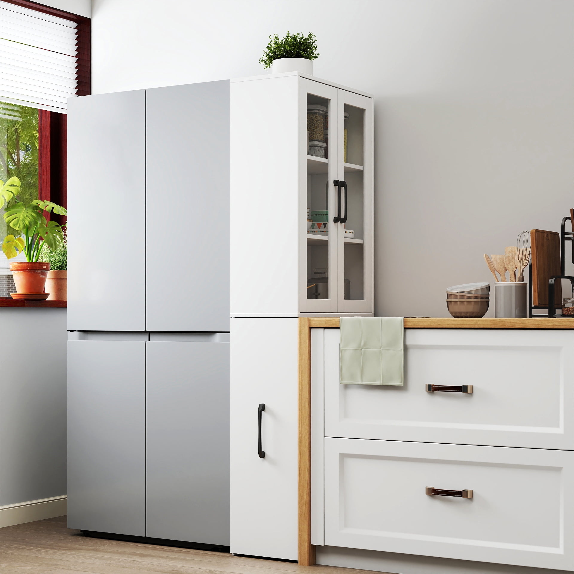 Display Storage Cabinet 4-Tier Pull-Out Shelf with 2 Glass Doors for Kitchen Living Room, White