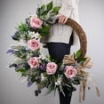 thumbnail image 2 of 24inch Spring Artificial Rose Wreath for Front Door, Pink Rose with Lavender and Decorative Bow, 2 of 9