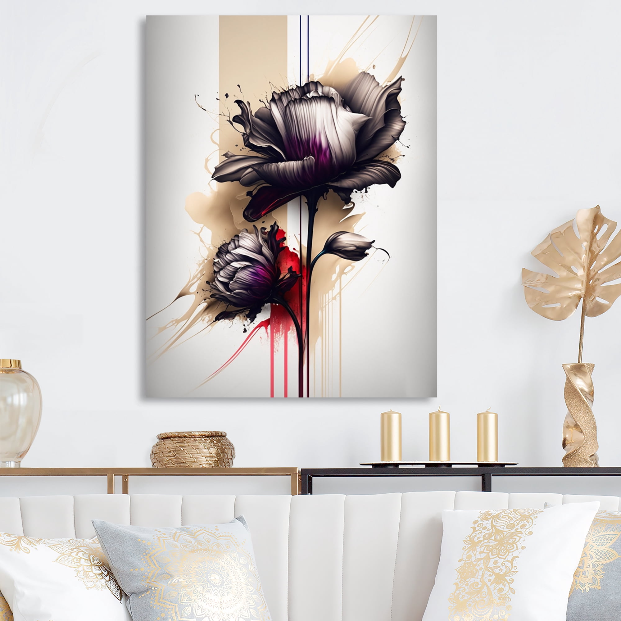 Designart Red Peony Flower On Abstract Paint IV Canvas Wall Art