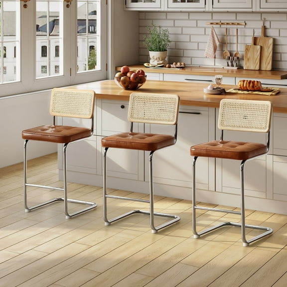 Zesthouse 25.6″ Natural Rattan Counter Stools Set of 3, Mid Century Modern Bar Stools with Cane Back & Chrome Legs, Cantilevered Design, Upholstered Faux Leather Barstools for Kitchen Island, Brown