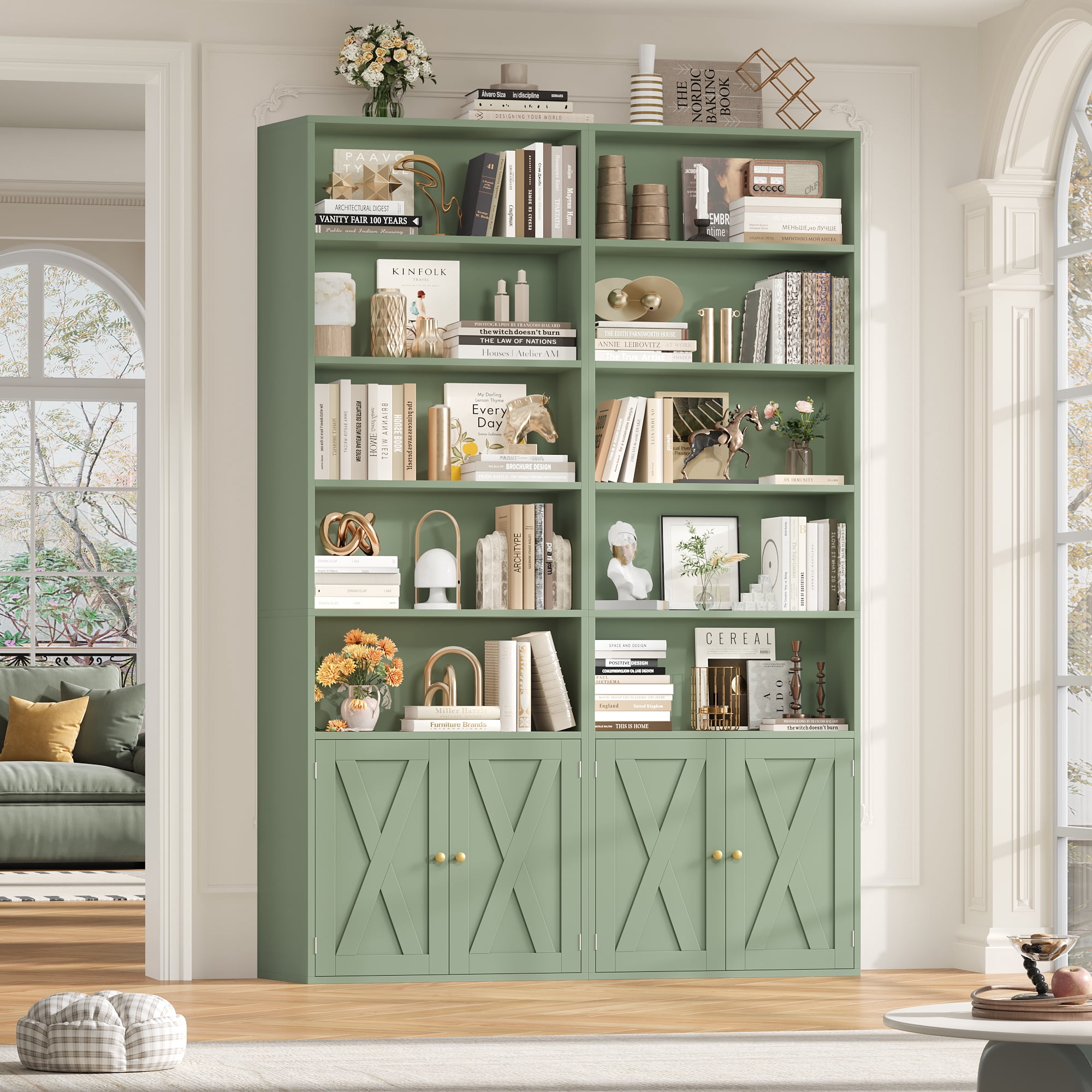 Hiphuta 81.5" Tall Bookcase with Doors, 5-Tier Bookshelves with Storage, 23.6"W Display Shelf with 2 Doors for Home Office, Living Room, Green