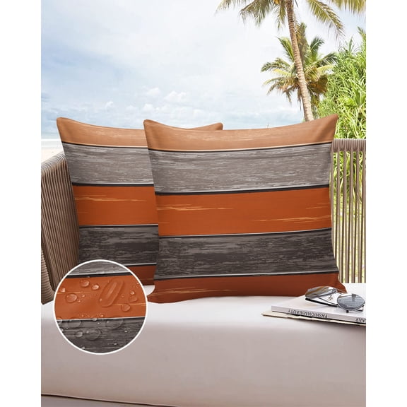 Outdoor Throw Pillow Cover Vintage Farm Orange and Gray Wood Barn Plank Waterproof Cushion Covers 2 Pack Retro Pillow Cases Home Decoration for Patio Garden Couch Sofa