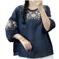 thumbnail image 3 of Dazajoo Linen Half Sleeve Tops for Women Vintage Embroidered Round Neck Blouses Summer Plus Size Boho Shirts,Dark Blue,L, 3 of 4