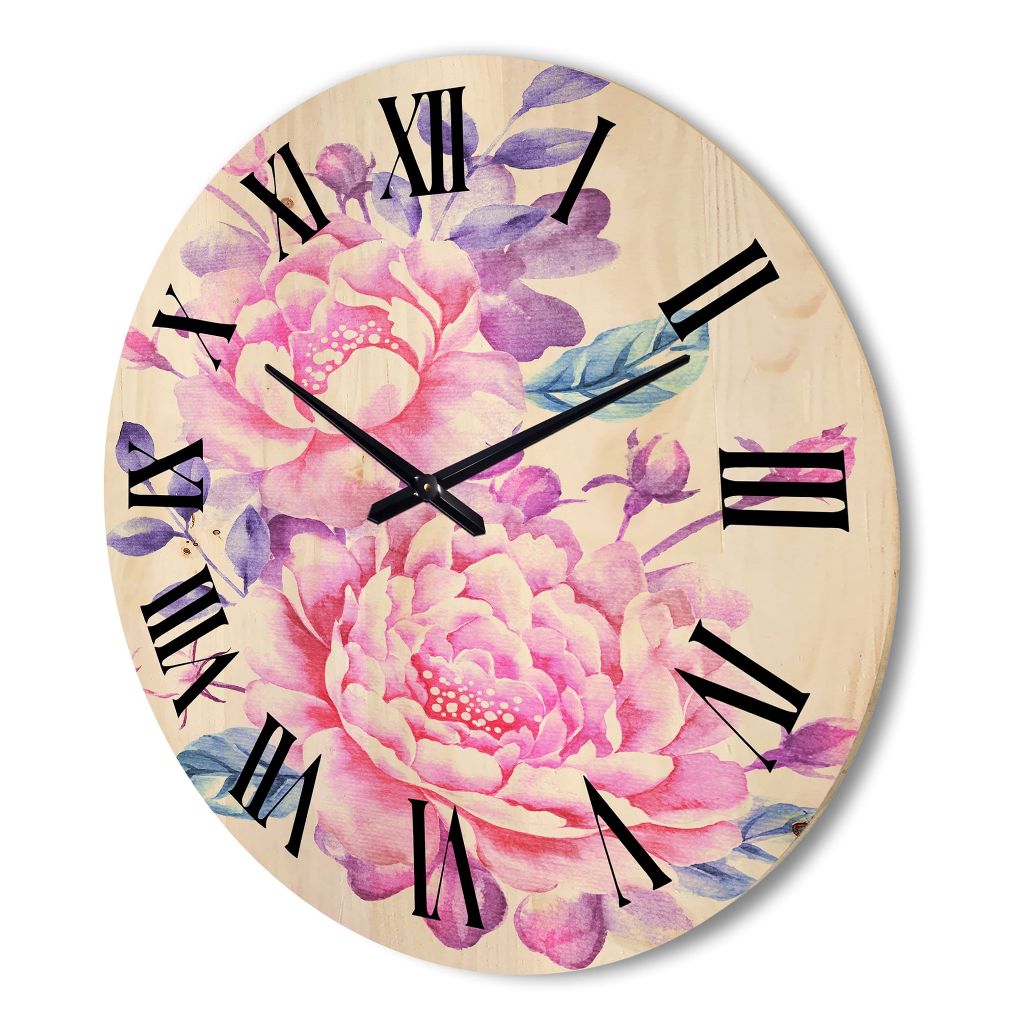 Designart 'Pink Retro Flowers With Blue Leaves On White' Traditional Wood Wall Clock