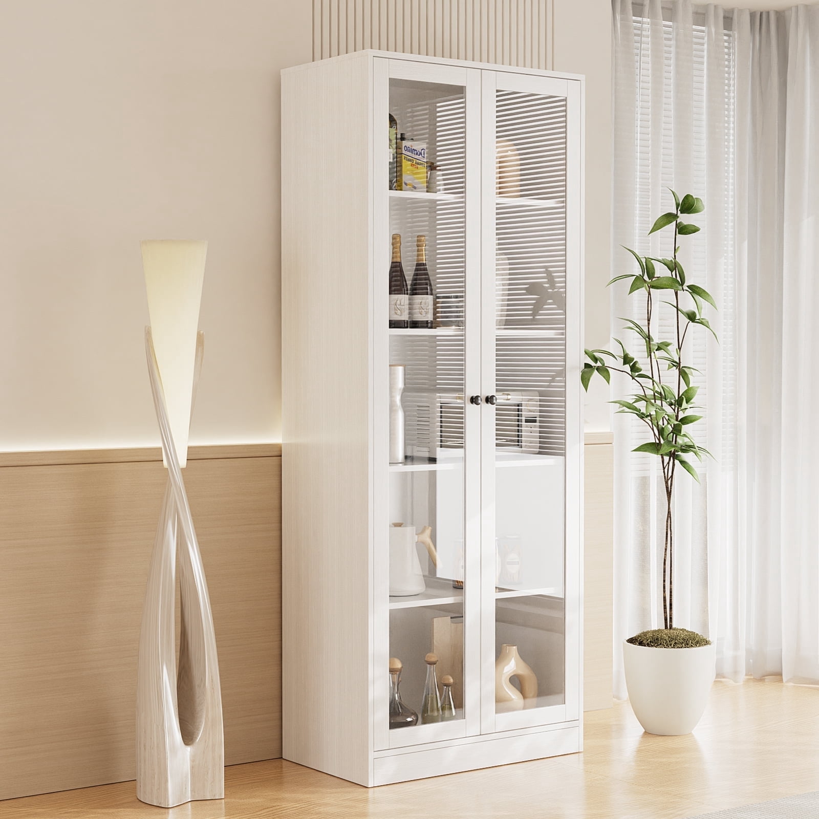 RichYa 71"H Display Cabinet with Glass Doors,5 Tier Kitchen Pantry Cabinet with Shelves for Dining Room,Living Room,C(White)