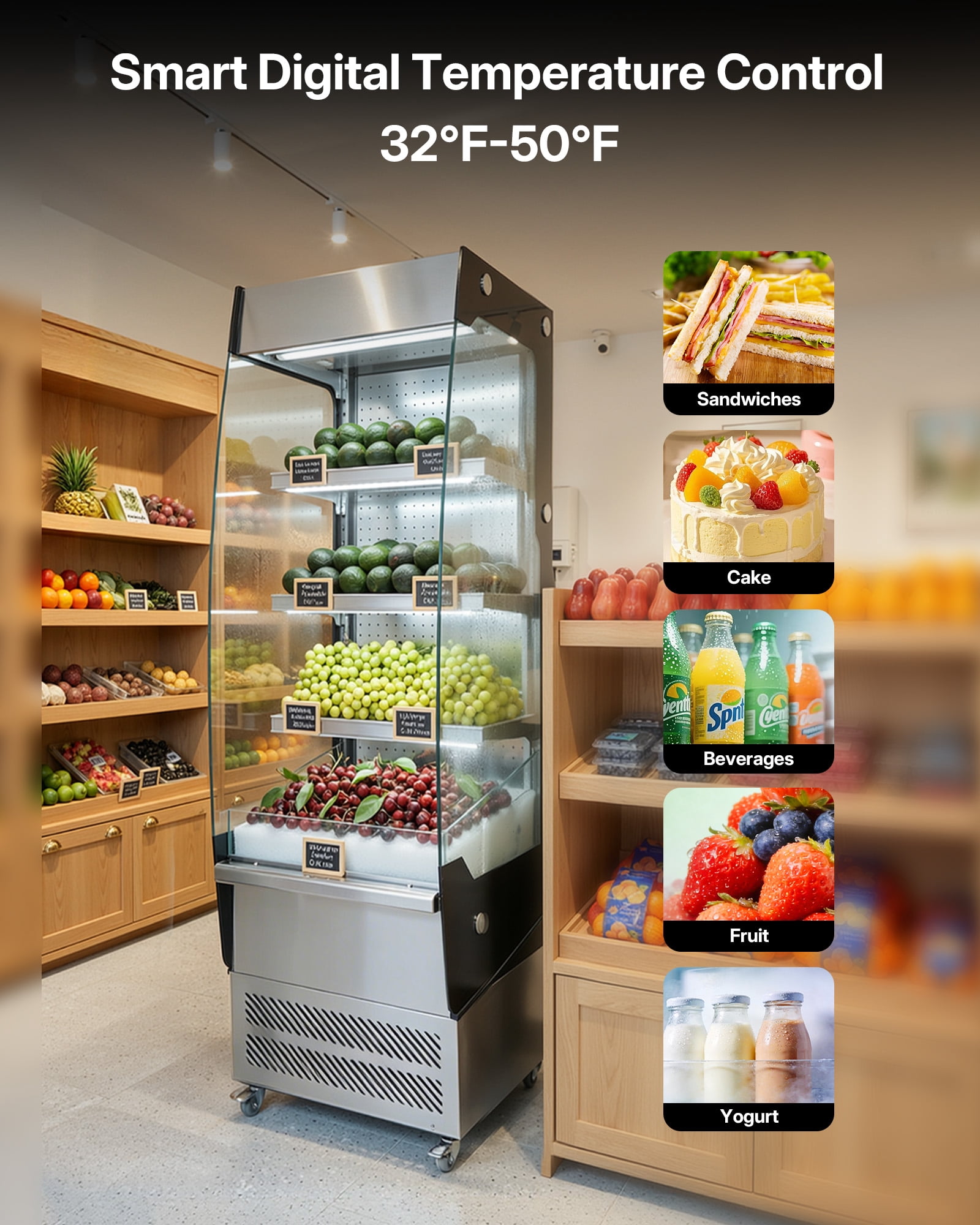 Upstreman Commercial Display Refrigerator, 7.8 Cu.Ft/ 220L Cake Display Case Fridge Open Merchandiser Beverage Cooler with LED Lighting and Wheels, OA78