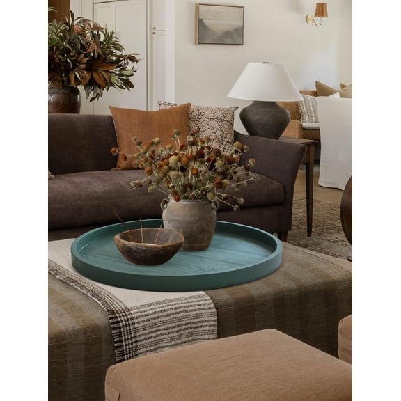 Rustic Wooden Serving Tray - Oversized Coffee Table Trays for Farmhouse Decor, 24" Round Green