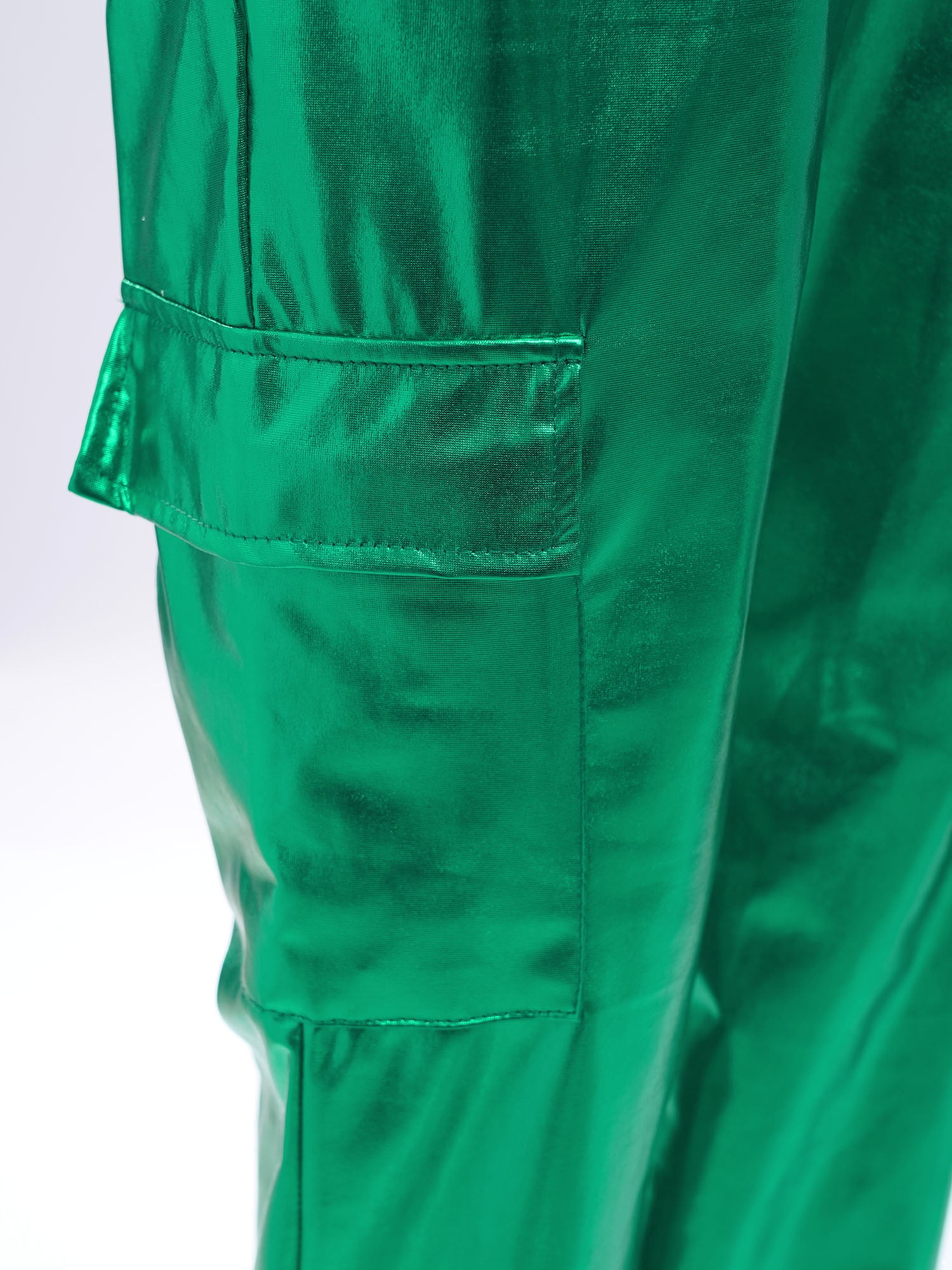 RUNQHUI Girls Boys Metallic Shiny Cargo Pants Kids Multi Pockets Joggers Holographic Hip Hop Jazz Dance Trousers Green 10
