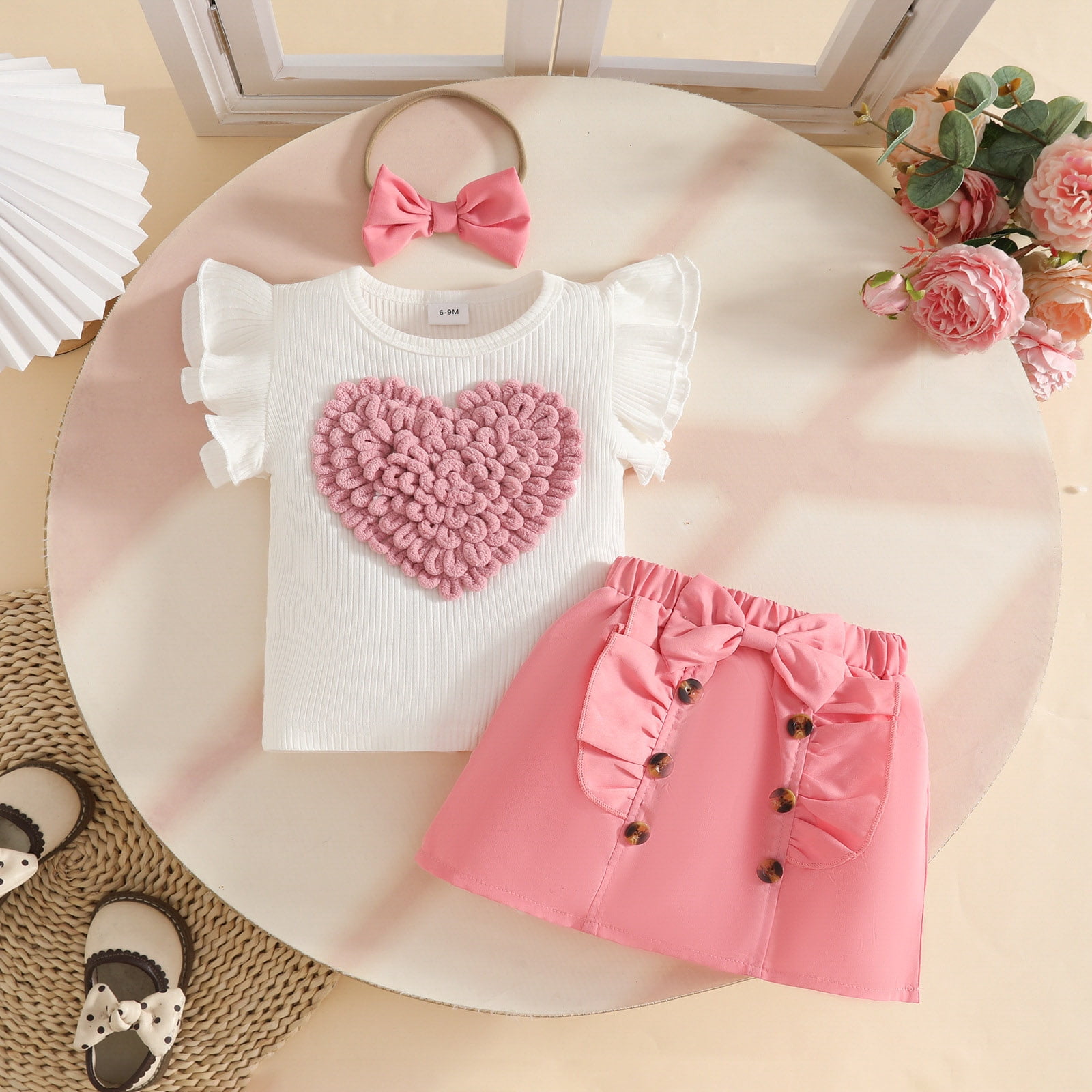 Faraee Toddler Baby Girl Skirts Outfit Infant Summer Clothes Ruffle Sleeveless Knit Vest Top A-Line Skirt Set with Headband (9-12M,Pink)