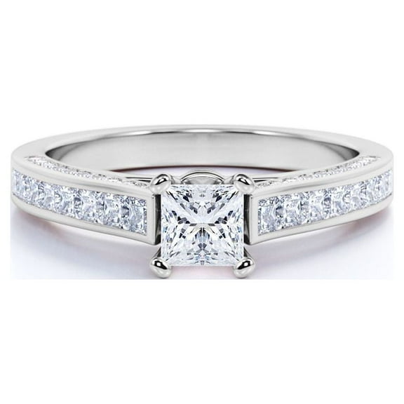 JeenMata Vintage 1 Carat Princess Cut Moissanite - Channel Set Band - Edwardian Engagement Ring in 18K White Gold over Silver