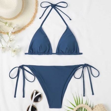 Womens Bikinis Summer Solid Color Halter Backless Sexy Bra And Briefs Two Pieces Tankinis Sets Fashion Swimsuits Beachwear