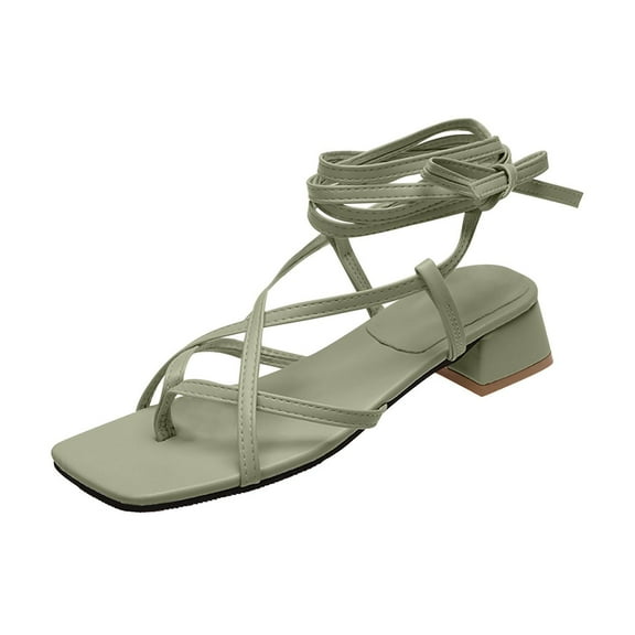Anuirheih Lace up Sandals Tie up Dress Summer Thick Heel Flip Flops Sandals for Women, Women's Casual Strappy Sandals, for Work Walking(Green)