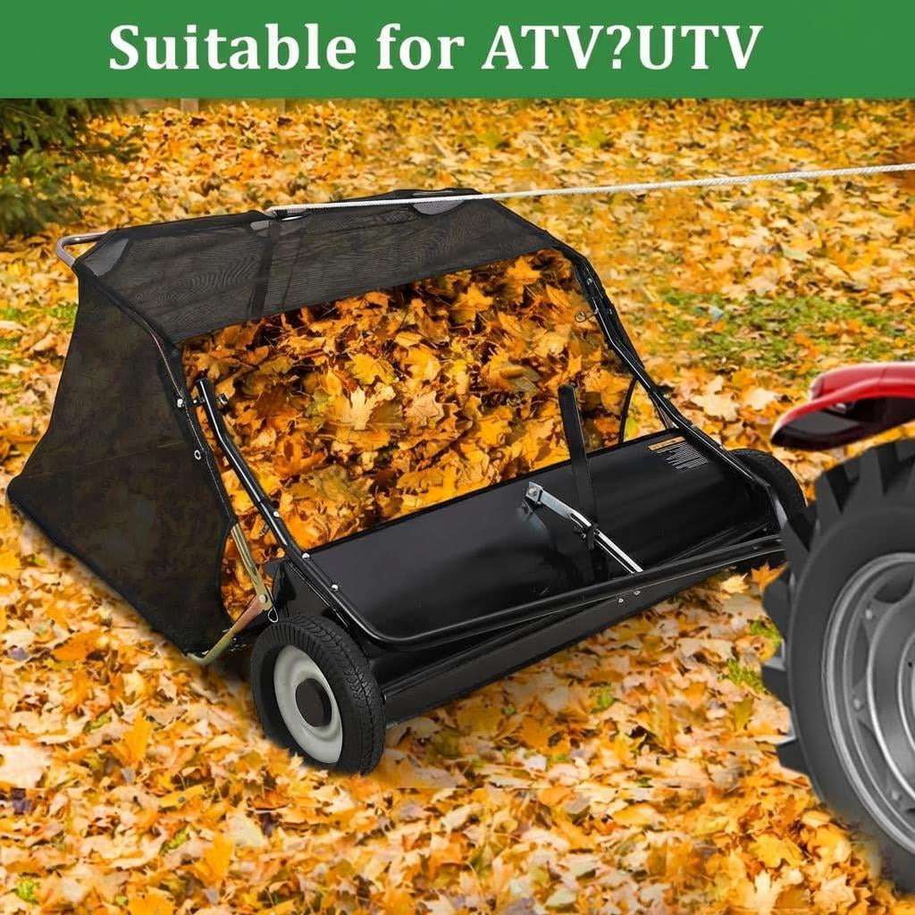42-Inch ATV Lawn Sweeper, Easy-Empty Hopper with 4 Nylon Brushes (10-Inch Diameter), Universal Hitch & Sturdy Wheels, Black