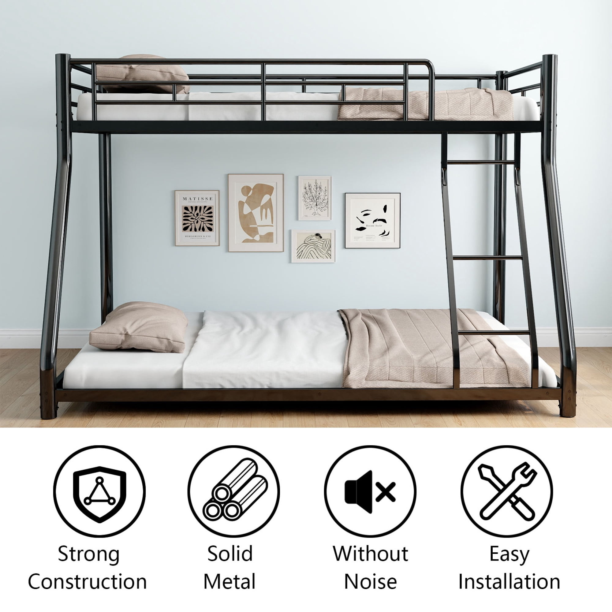 Leumius Twin Over Full Metal Bunk Bed,Heavy Duty Metal Bed Frame with Ladder & Full-Length Guardrail for Teens Adults,Black