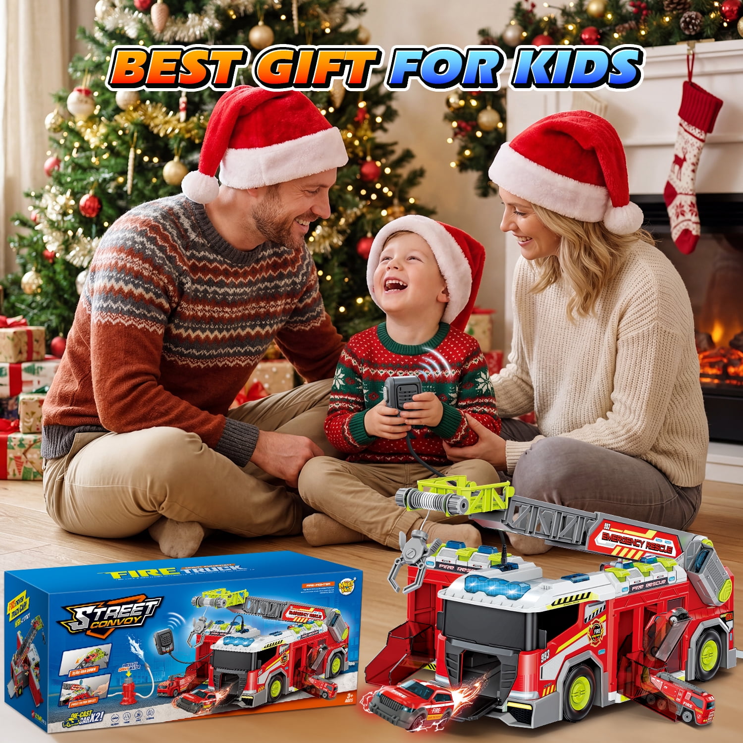 Carsky Fire Truck Toy with Storage Track, Lights & Sound Rescue Playset, City Garage Carrier Truck with Megaphone & Mini Cars, Role Play Gift Toys for Boys Girls