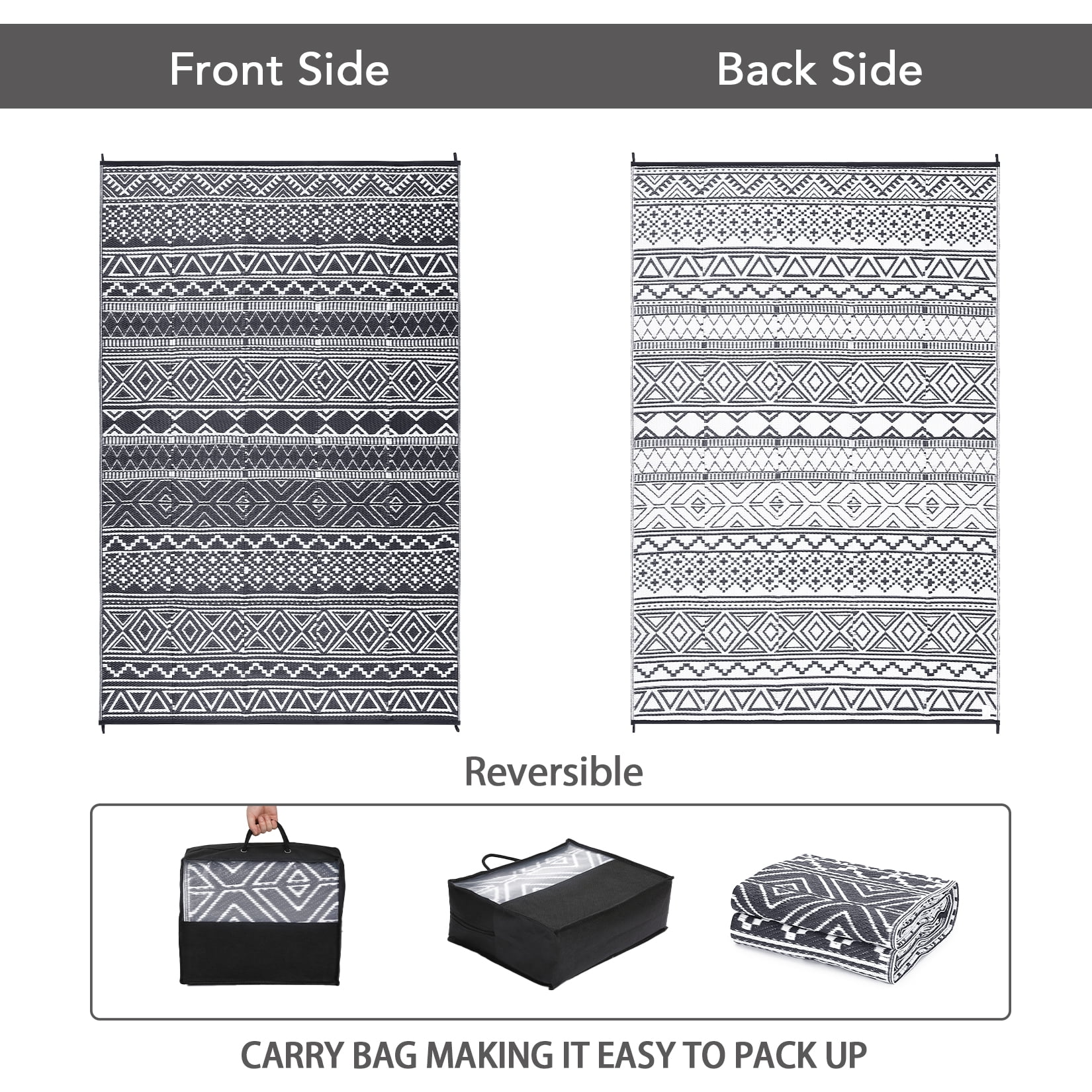 HOMERRY Geometric Outdoor Rug Straw Plastic Area Rug for Balcony Pool RV Waterproof Reversible Carpet, White/Gray, 9'x 12'