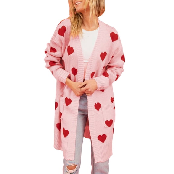 Womens Sweater Valentine's Day Heart Print Knitted Cardigan With Pocket Mid Length Trendy Outfits